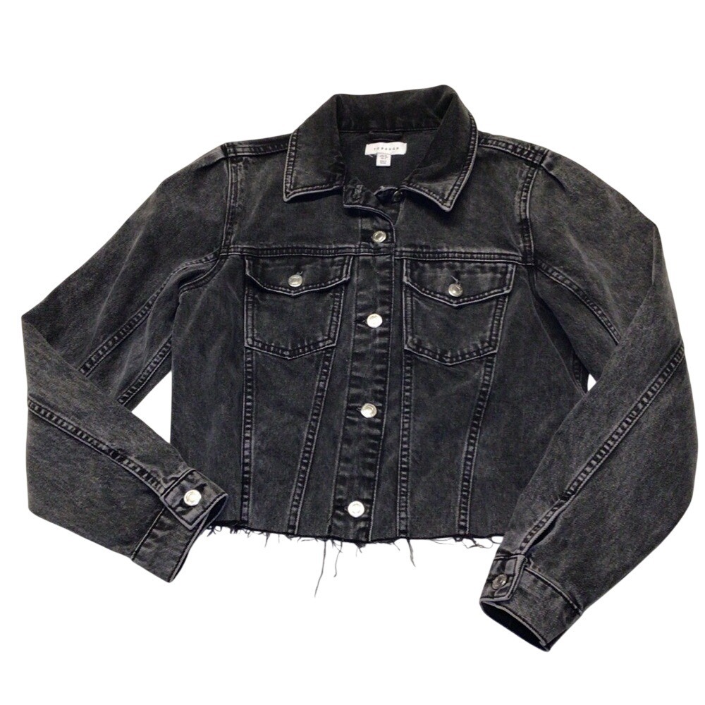 TopShop cropped denim jacket raw hem distressed black size 6‎